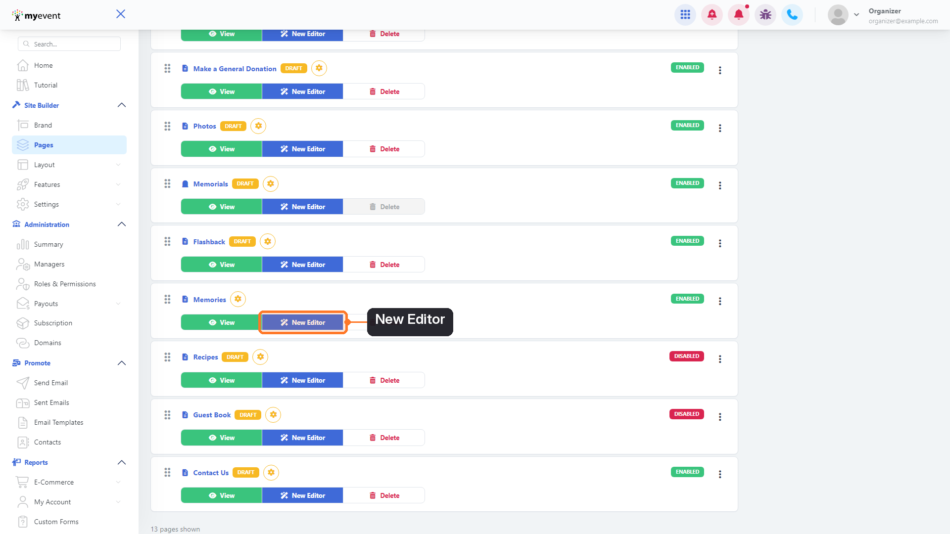The New Editor button next to View on the Pages list