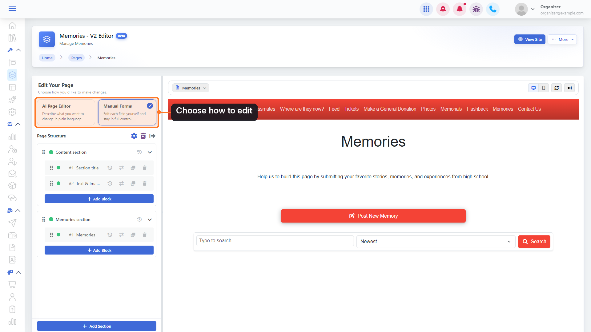 The AI Page Editor and Manual Forms mode cards