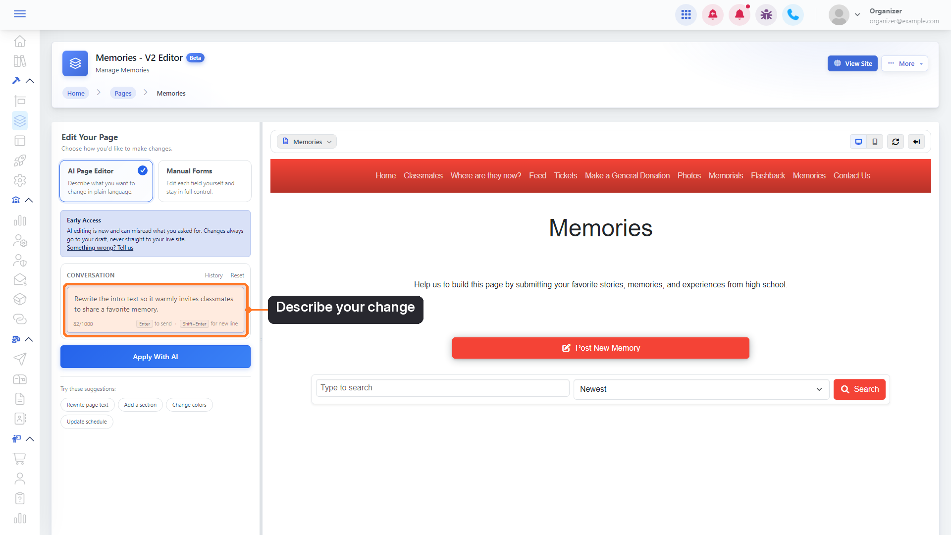 Typing a request in the AI Page Editor conversation box
