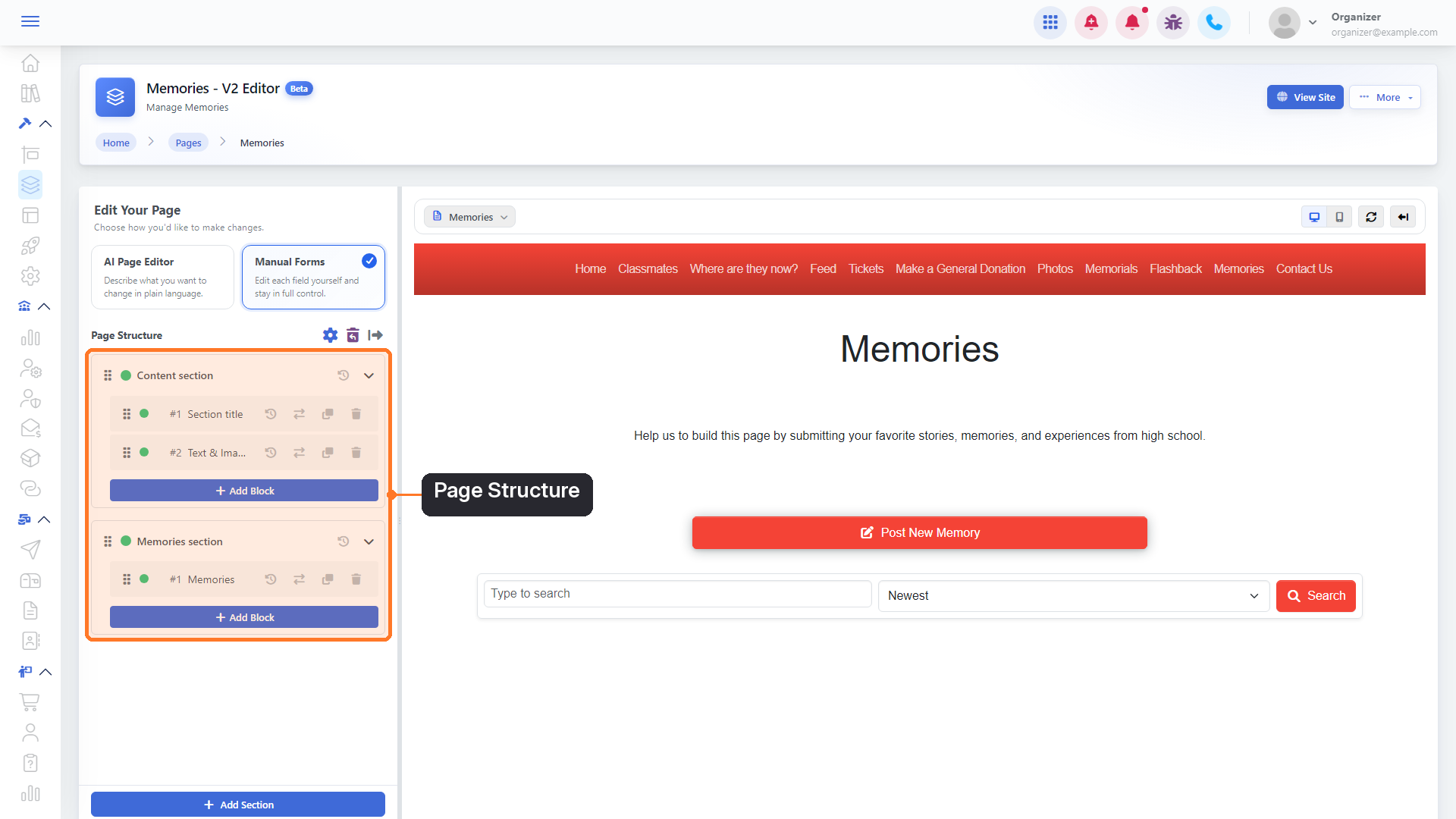 The Page Structure panel in Manual Forms