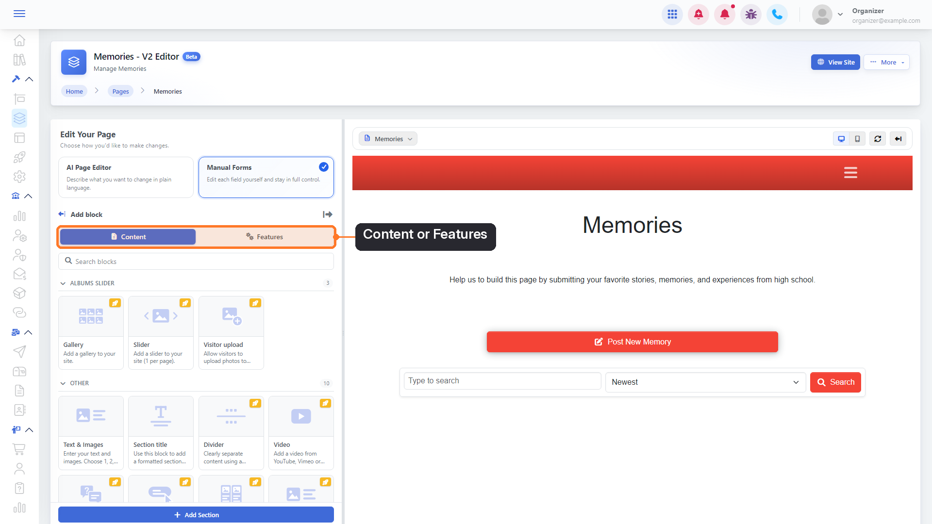 The Content and Features tabs in the Add block panel