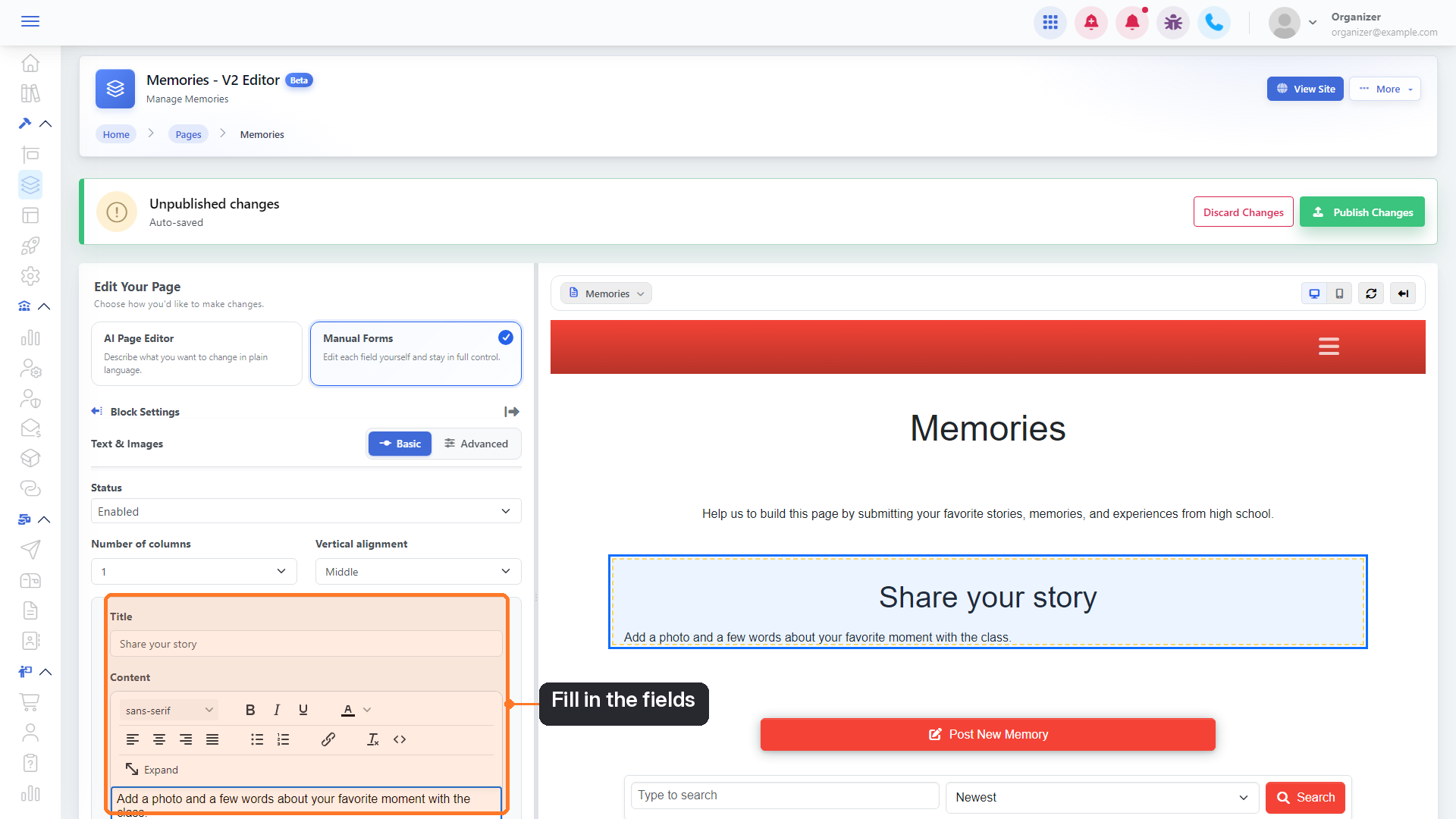 The Title and Content fields in Block Settings