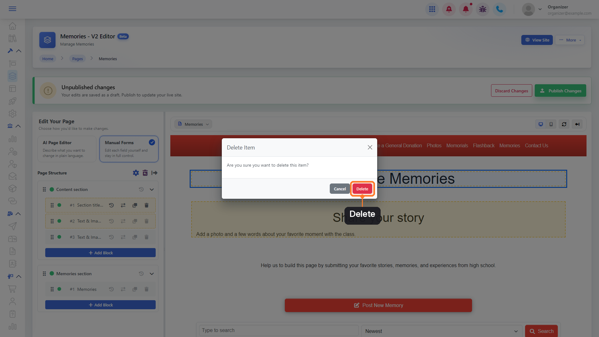 The Delete confirmation window