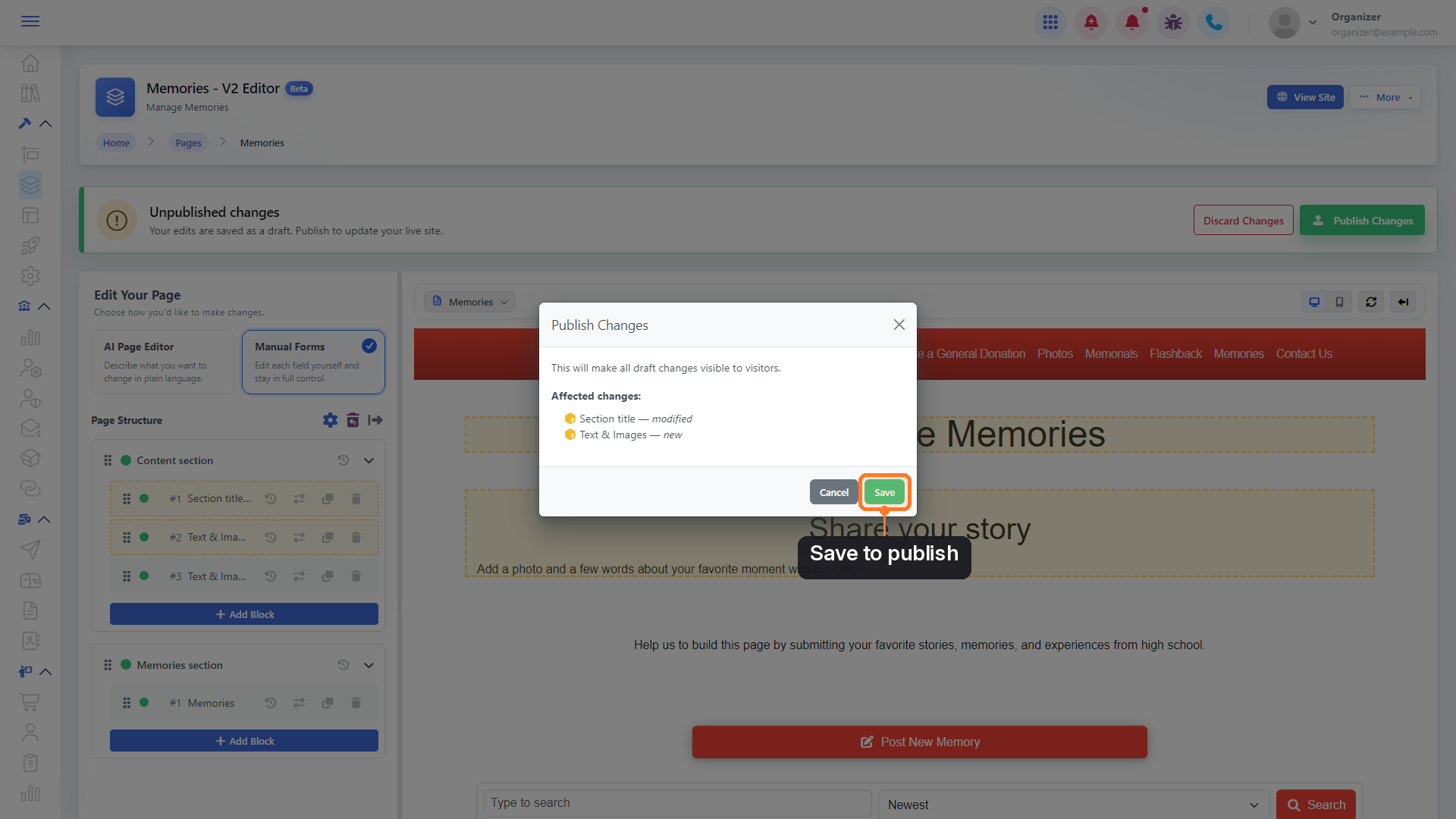 The Save button in the Publish Changes window