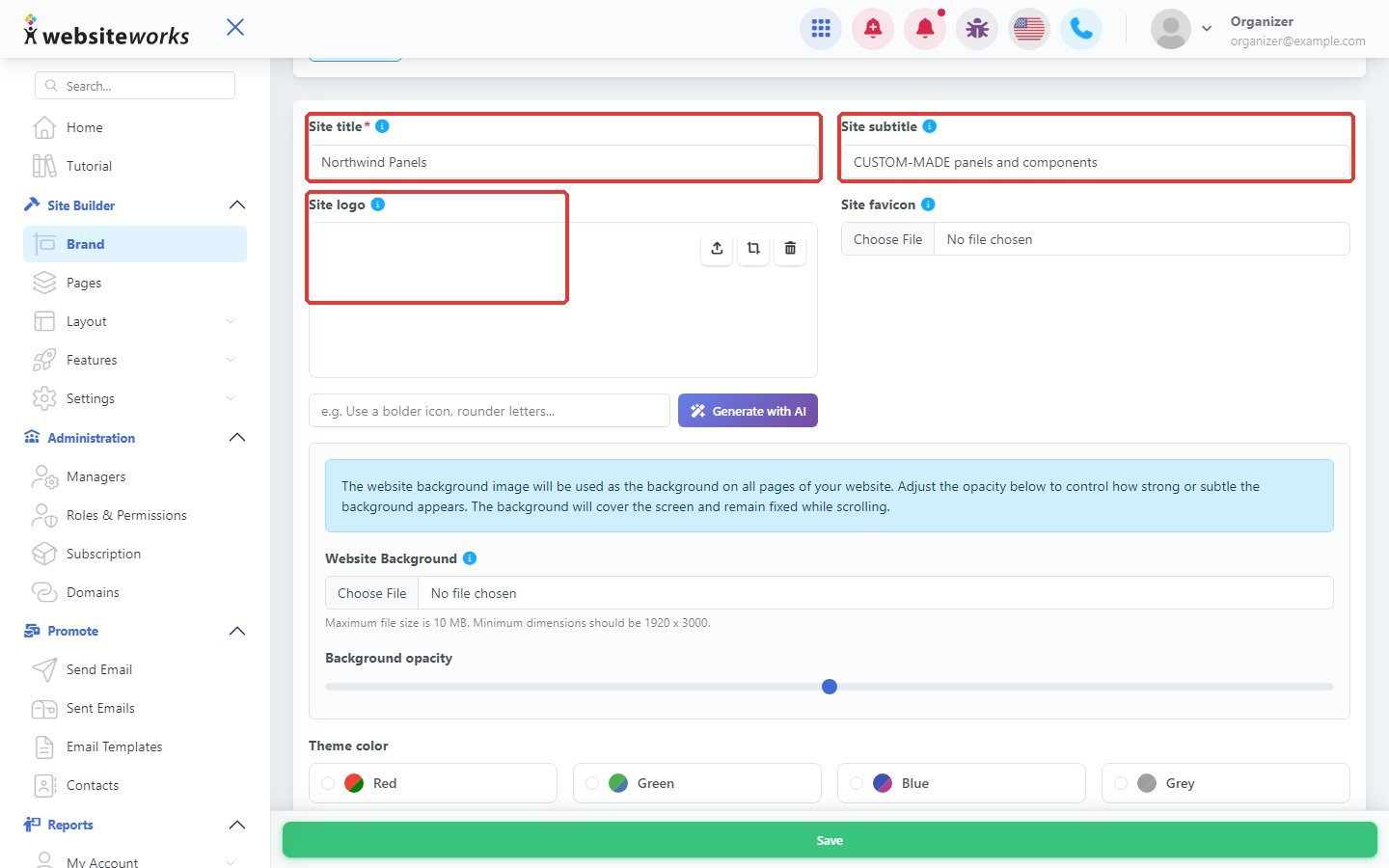 Site title, Site subtitle and Site logo fields