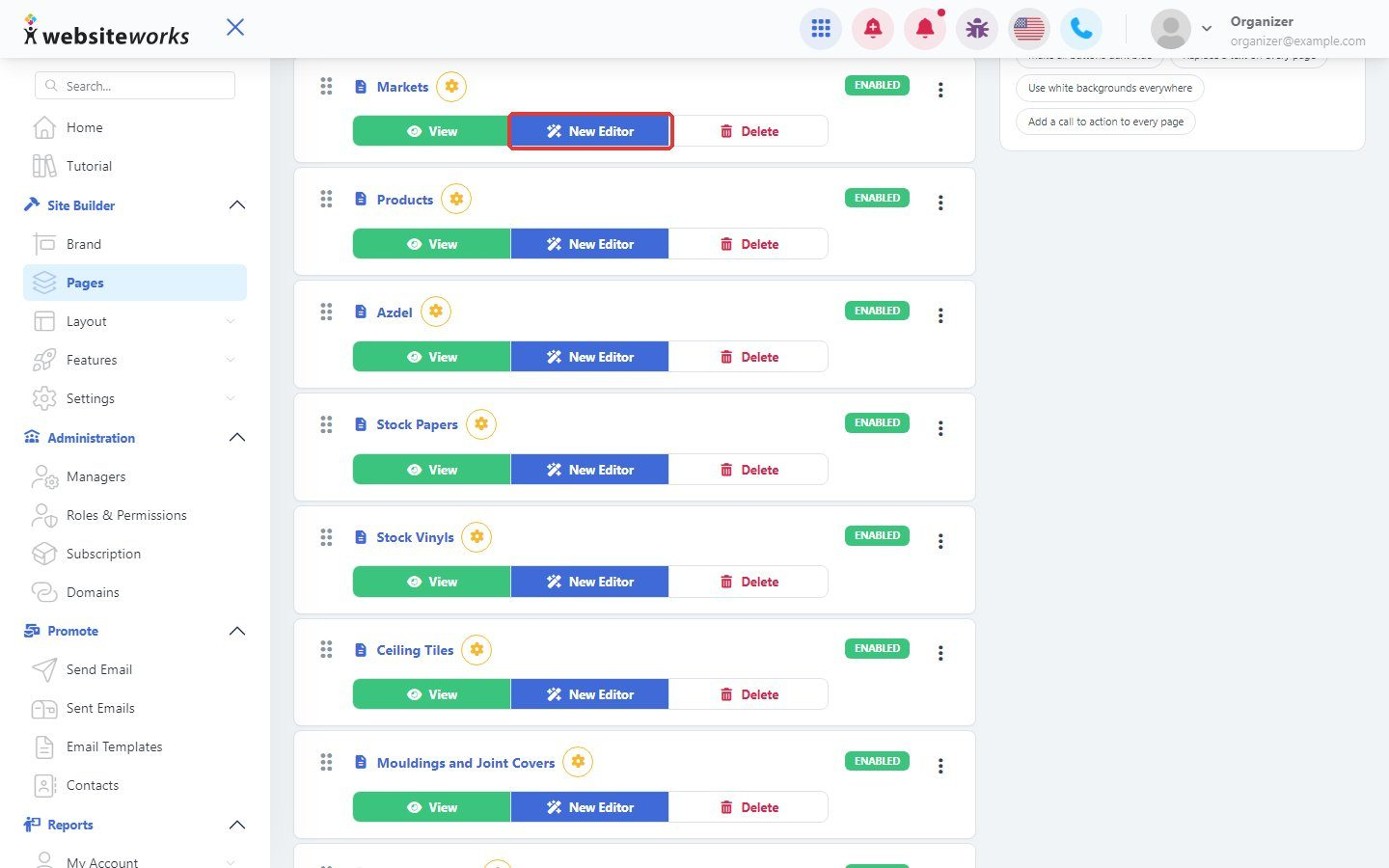 New Editor button in the Pages list