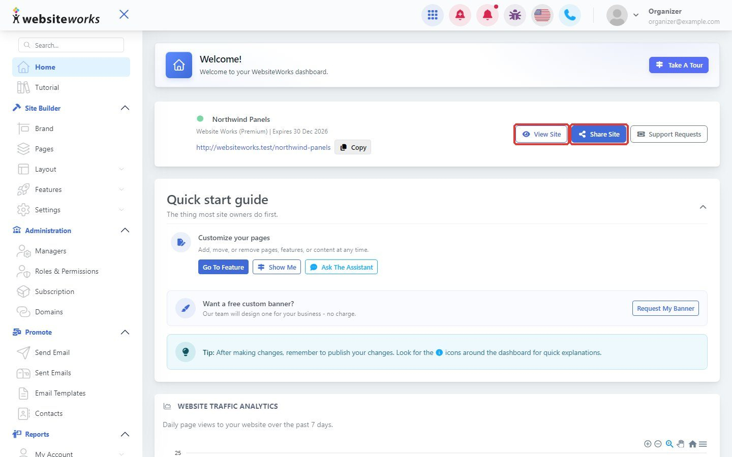 View Site and Share Site buttons