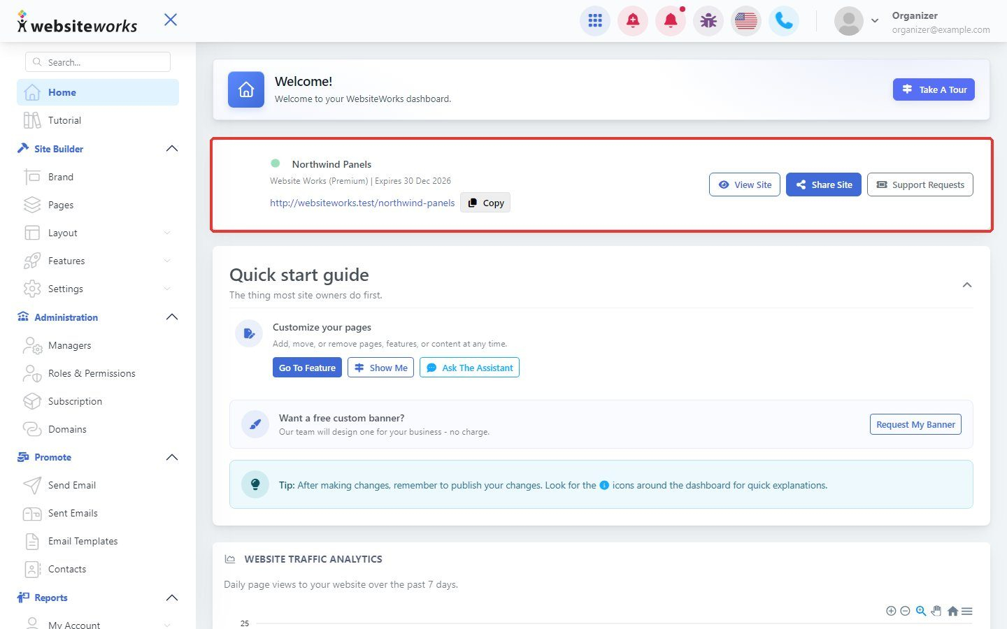 Website card with View Site, Share Site and Support Requests