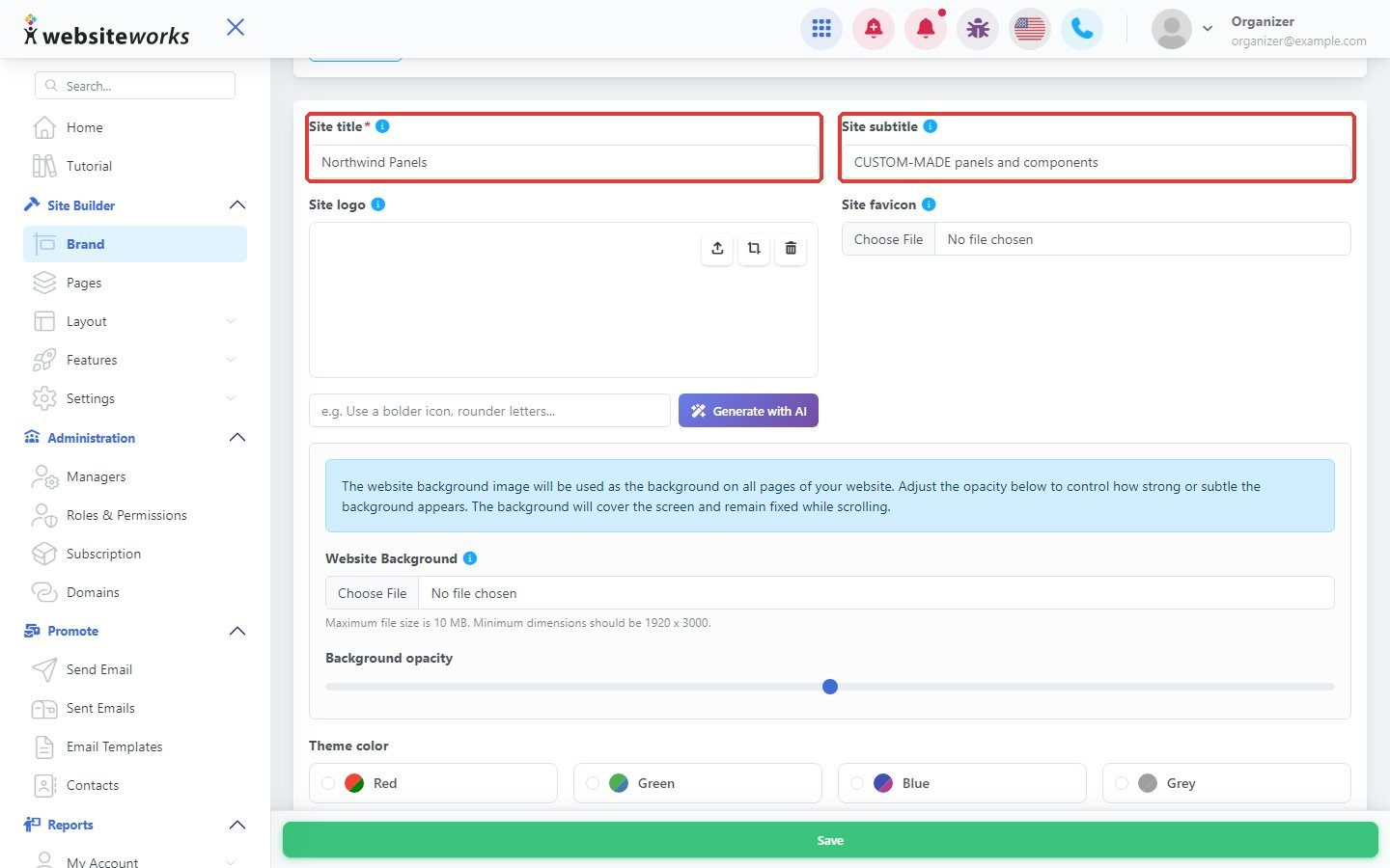 Site title and Site subtitle fields