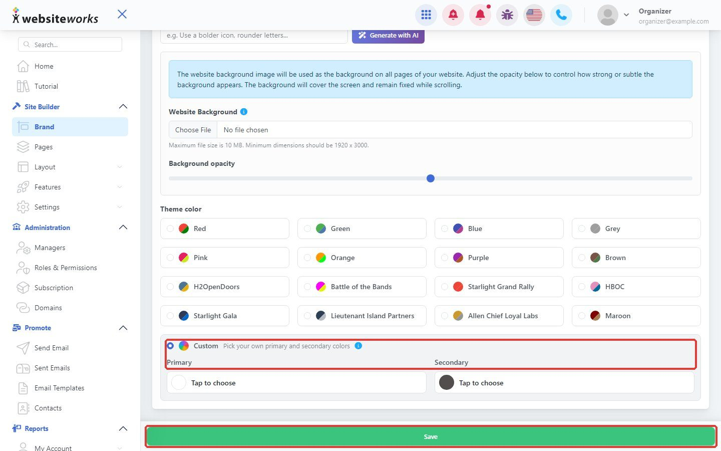 Save button on the Brand page
