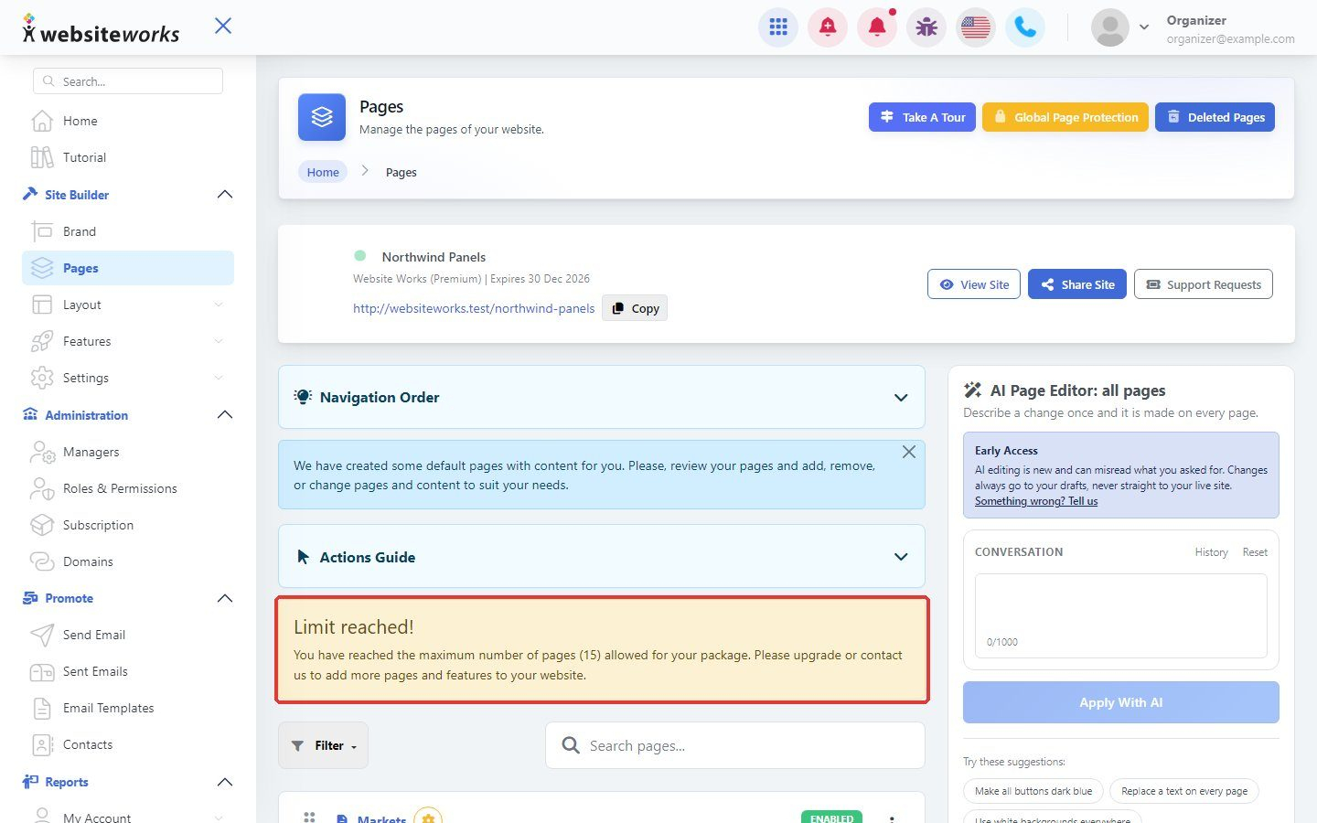 Pages list with the Limit reached message