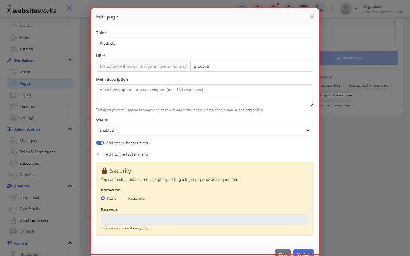 Edit page window