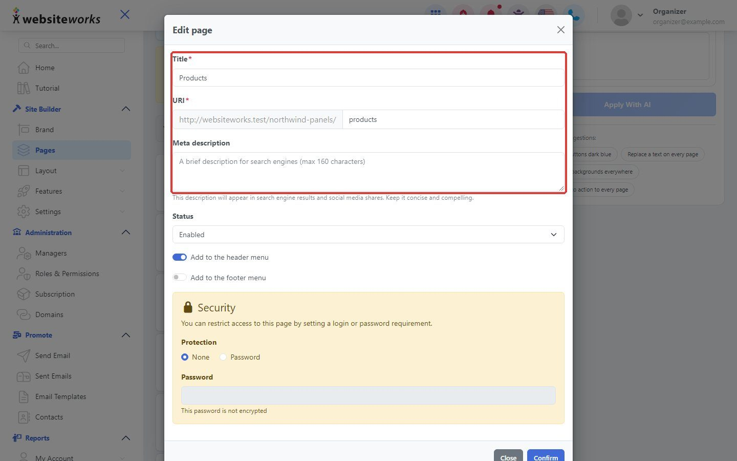 Title, URI and Meta description fields