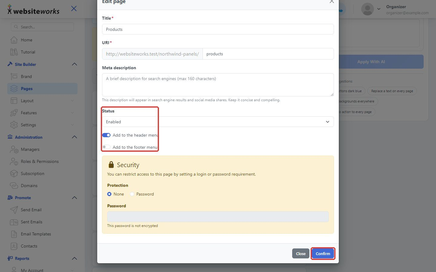 Menu checkboxes and Confirm button