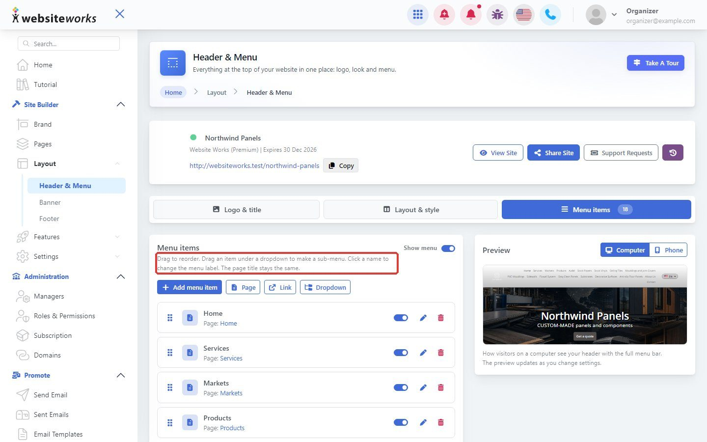 Menu items tab with drag to reorder