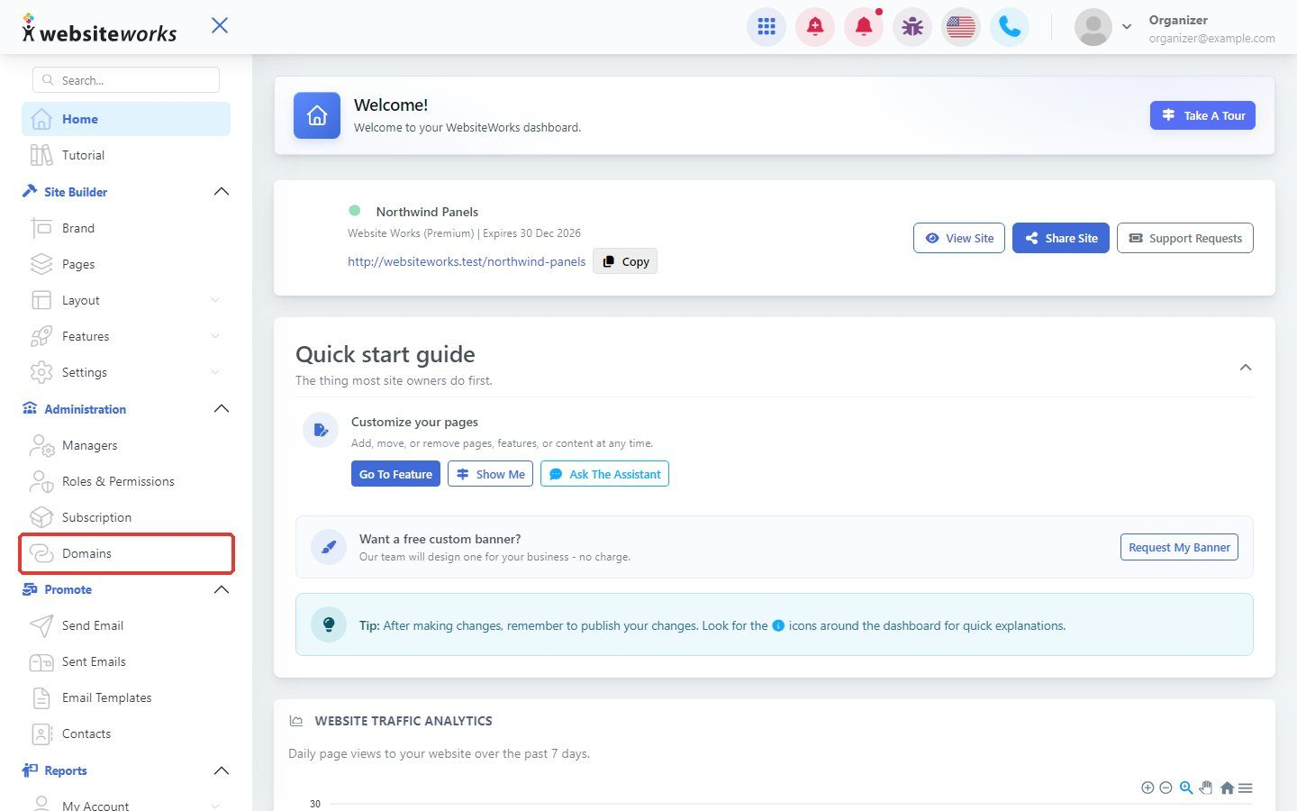 Domains in the menu
