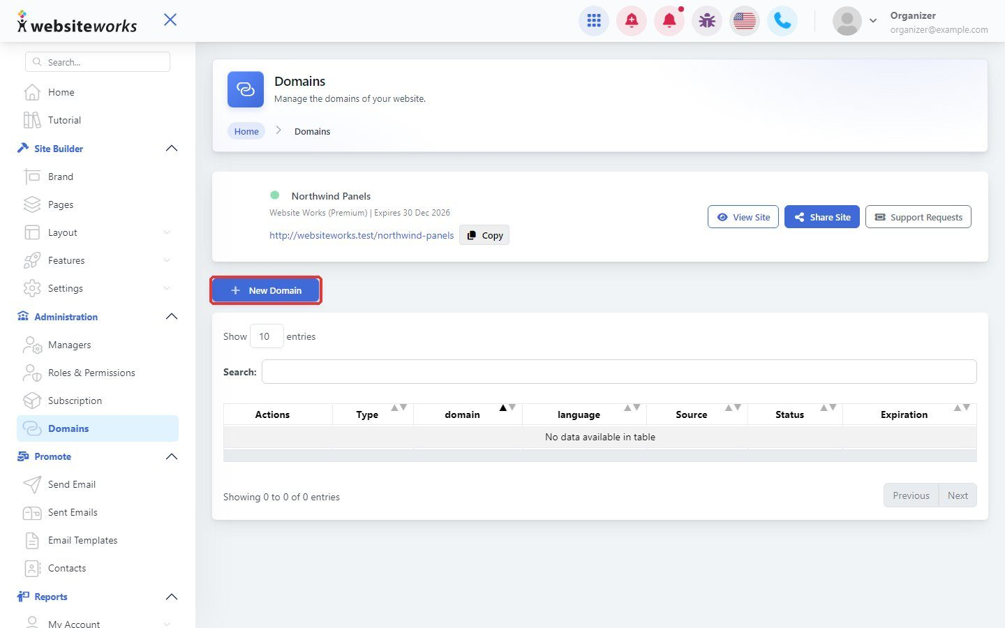 New Domain button