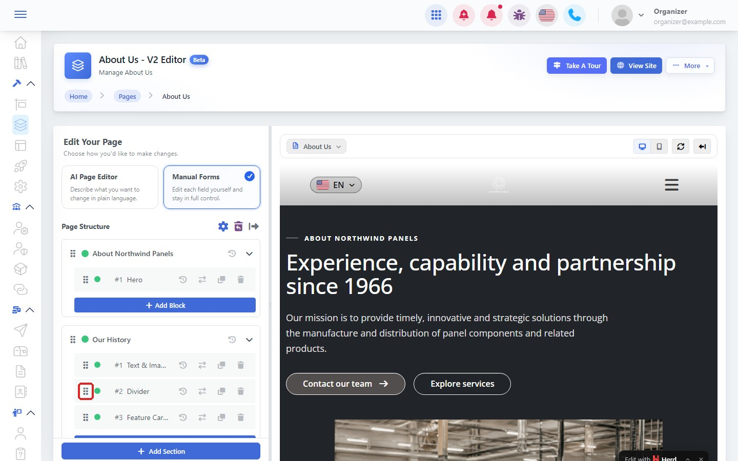 Drag handle in Page Structure