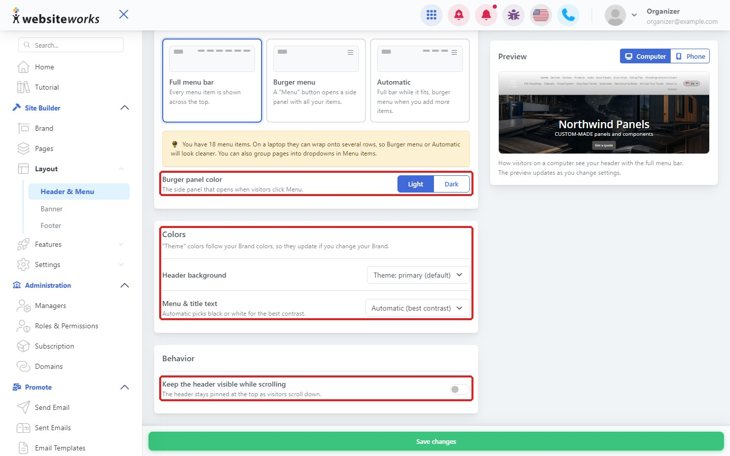 Header color settings