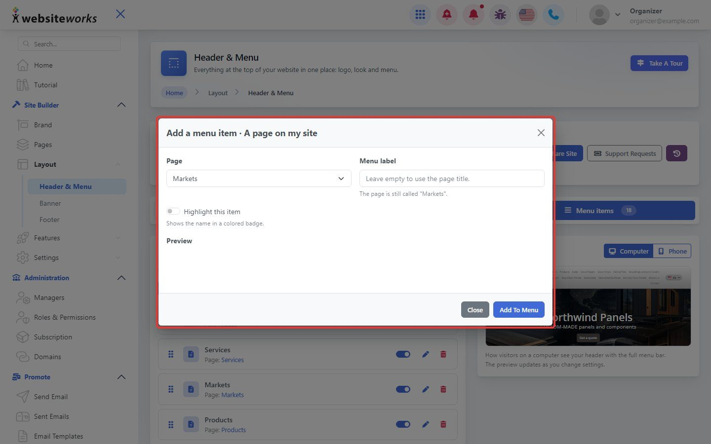 Add a page window