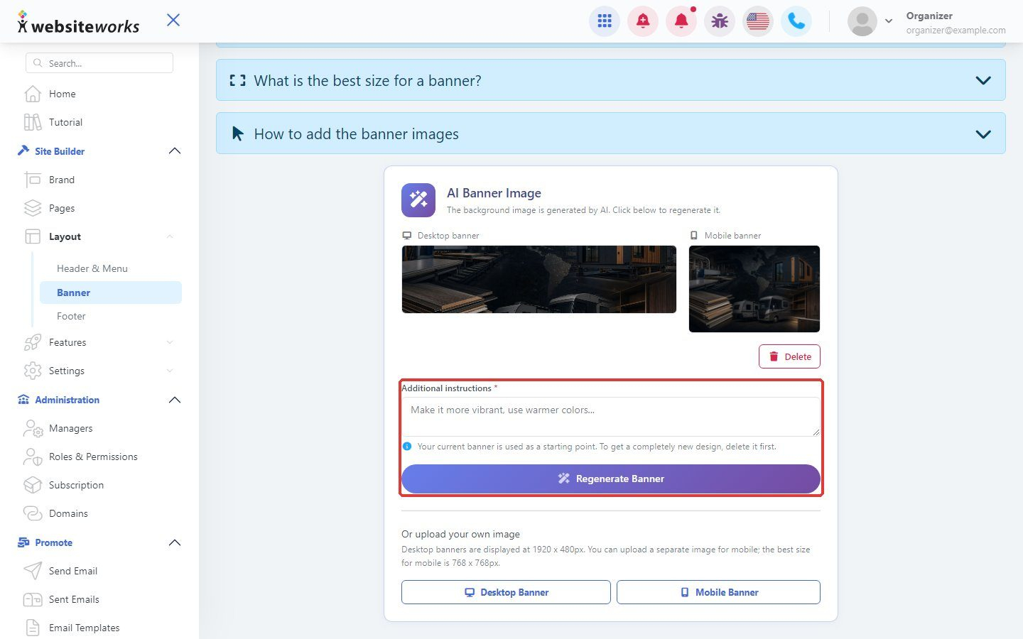 Additional instructions and Regenerate Banner