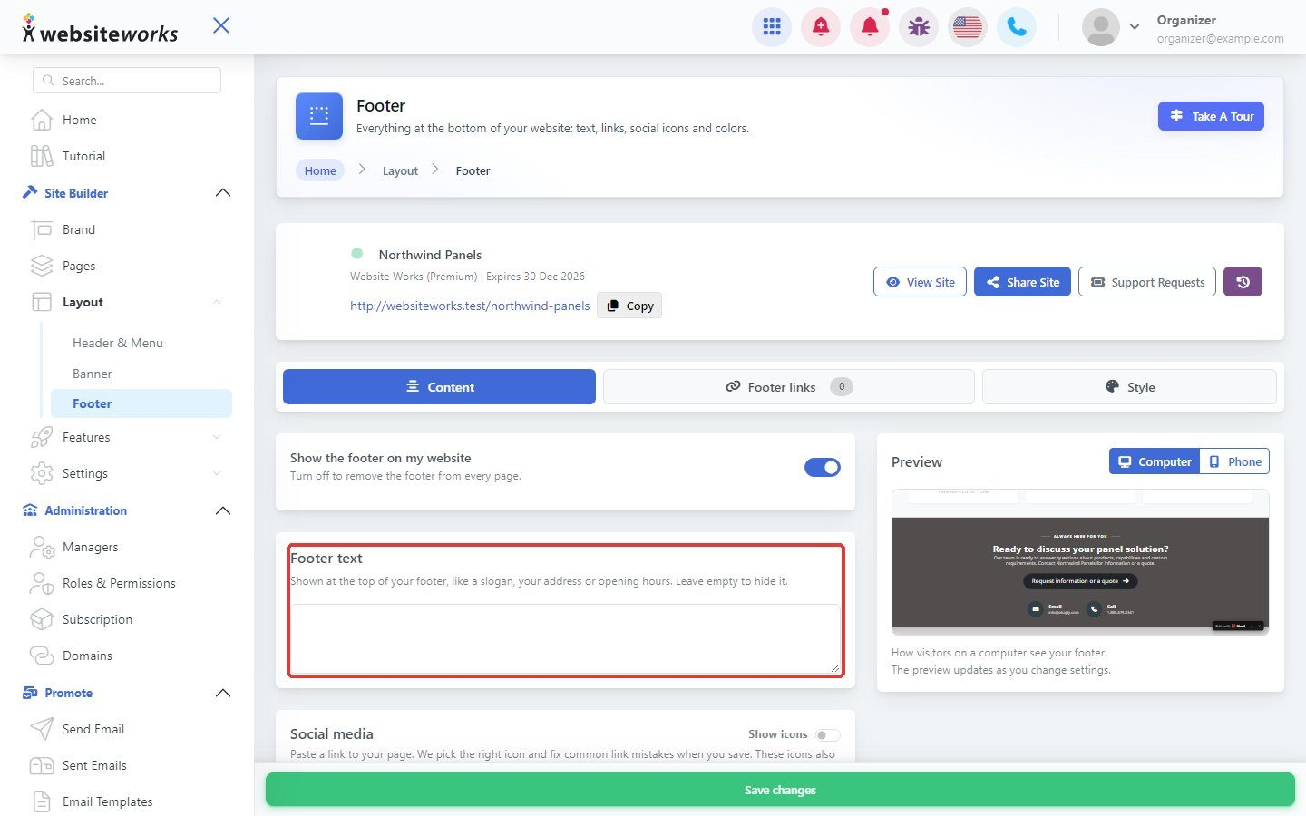 Footer text field