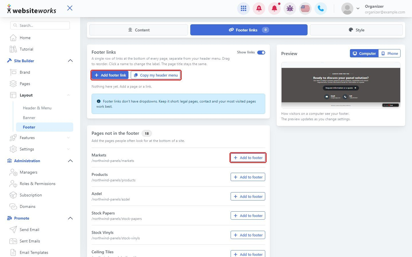 Footer links tab