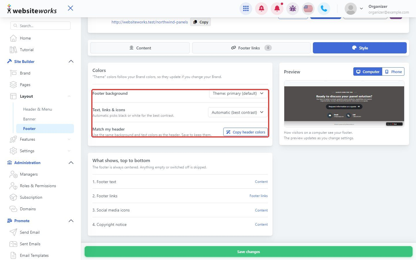 Footer style settings