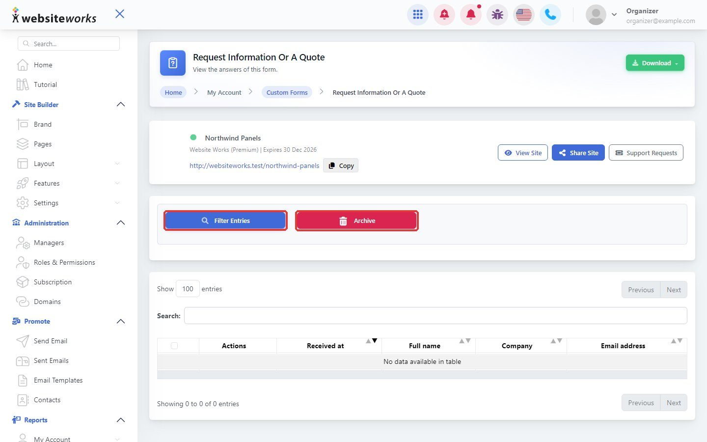 Filter Entries and Archive buttons
