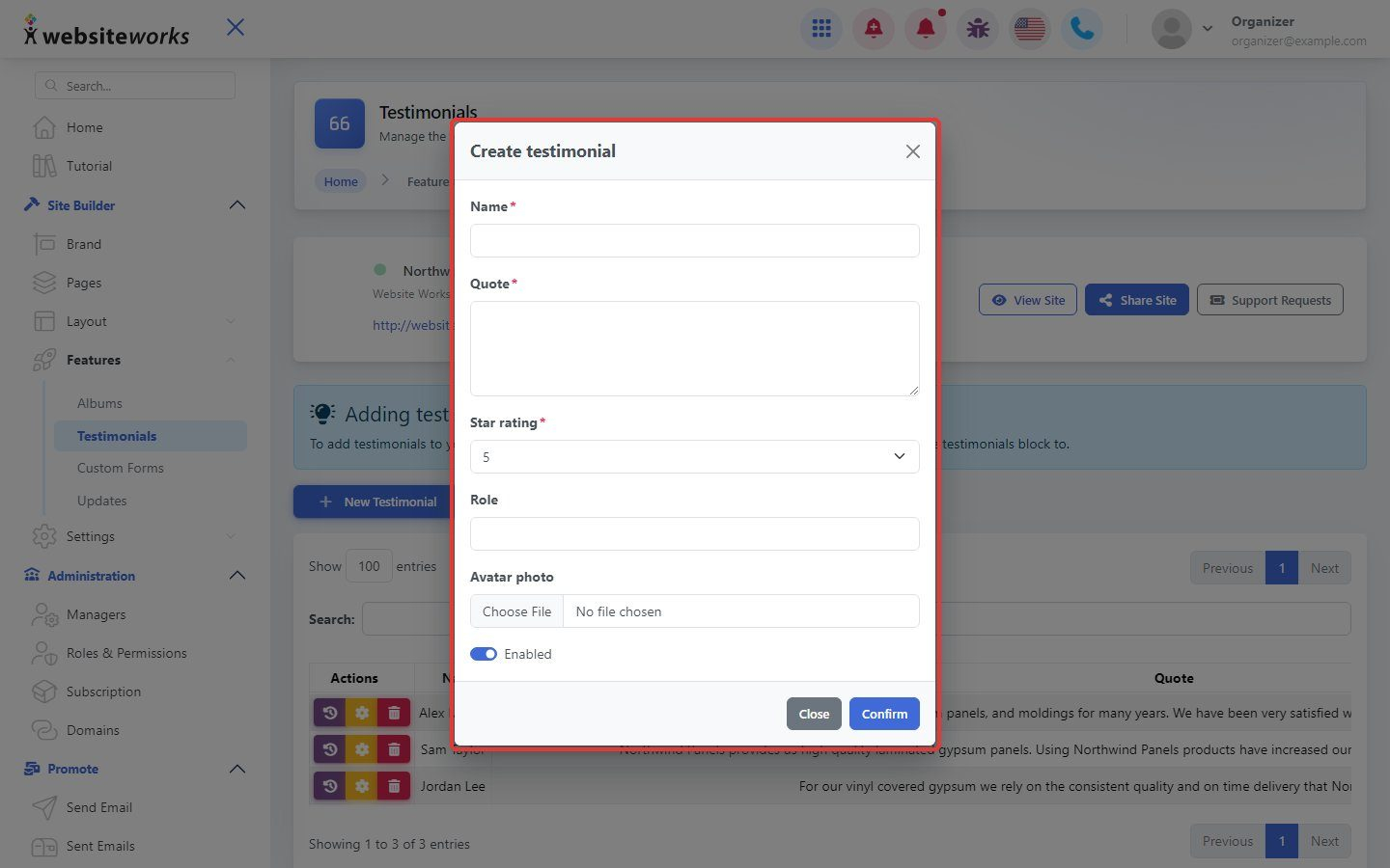 Create testimonial window