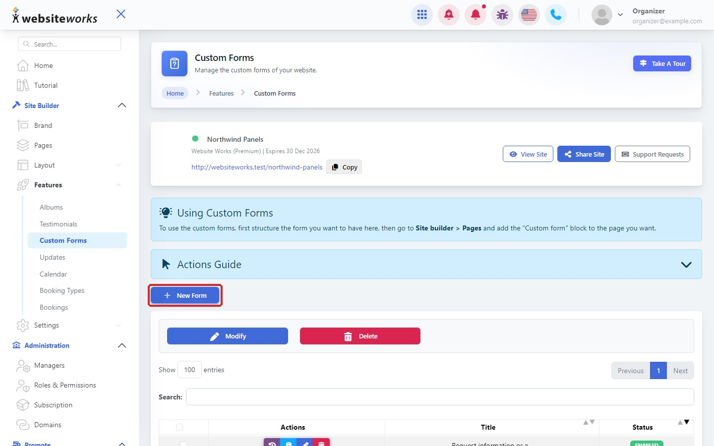 New Form button