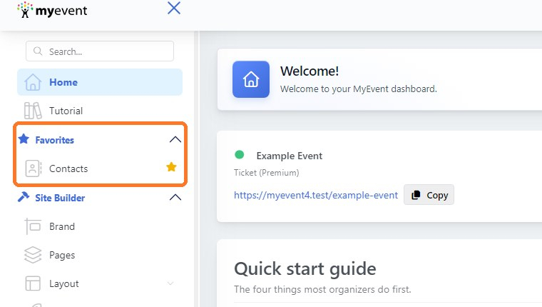 Favorites section in the menu with Contacts