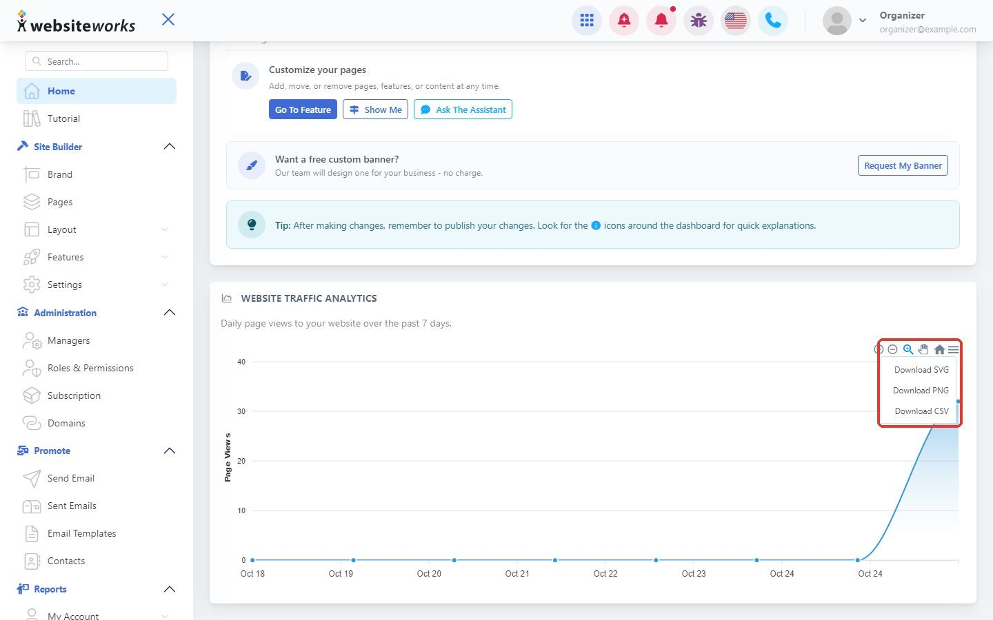 Chart menu with Download SVG, Download PNG and Download CSV