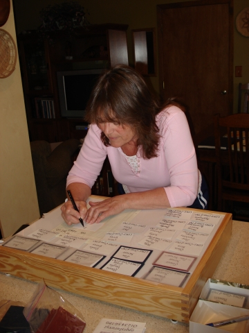 The Reno Auxiliary  Reunion Planning Meeting Committee. Jan writing in Bigger Letters than was allowed in Kindergarten, but we will be able to read them!  