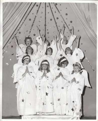 Mrs. Fleischmans 4th grade play Hansel & Gretel (June 1961): angels Carol P. Margie M. Nancy M. Kathy B. Char S. Randi L. Bonnie M. Nan N. ? Kristy G.