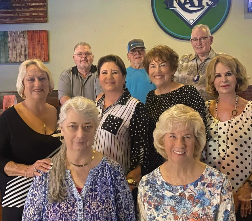 Front, L/R: Lynda Caraway, Donna Baker Wilkes. 2nd Row, L/R: Joan Crosby Stinson, JoAnn Estes Boothe, Barbara Bone Franques, Pec Chambers McGinnes. Back Row, L/R: Donald Caraway, Larry St. Charles, Bob Bridgmon.
June 12, 2023