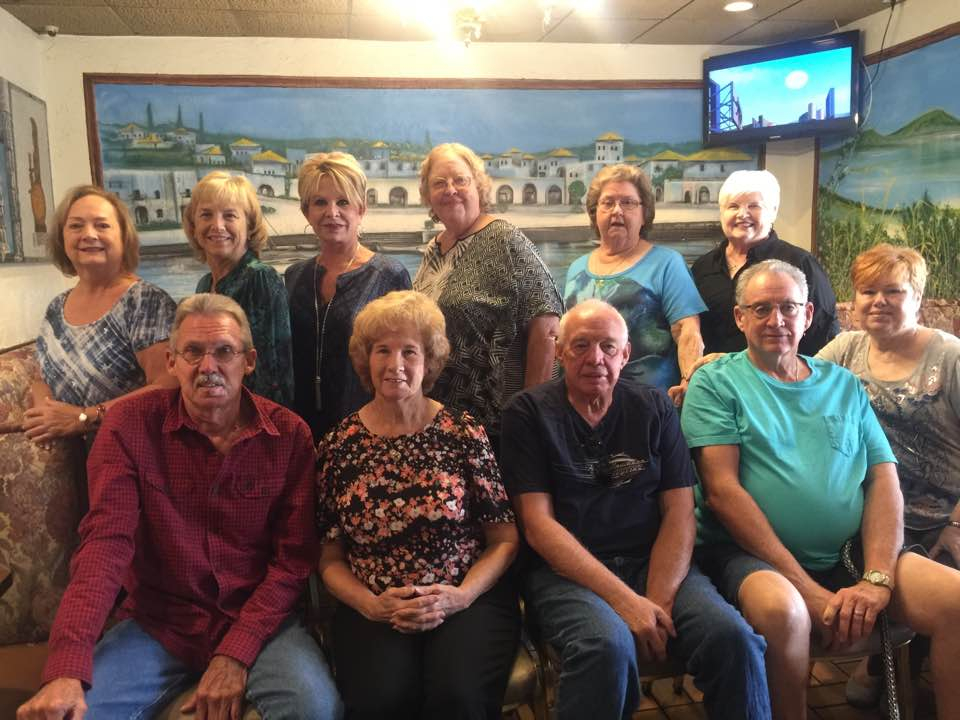 Front row: Mike Youmans, Donna Baker Wilkes, Tom Crews, Bob Bridgmon, Susan Pugh Bridgmon; Back row: Lonnie Cole, Peggy Walden Farkas, Pec Chambers McGinnes, Randi Sue Bailey Cox, Susan Sams, Karen Dossey Krell. 1st monthly luncheon PCHS Class of 1967, O