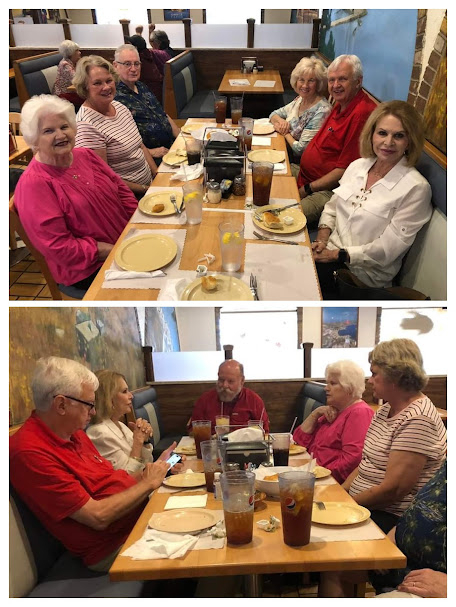TOP: Left-side: Karen Dossey Krell, Ruby Perkins Wall, Bob Bridgmon Right-side: Pec Chambers McGinnes, Jim Garrett (Donna's husband) & Donna Baker Wilkes (Bill Bender is taking the picture) BELOW: Bill Bender is at far end of table 04/24