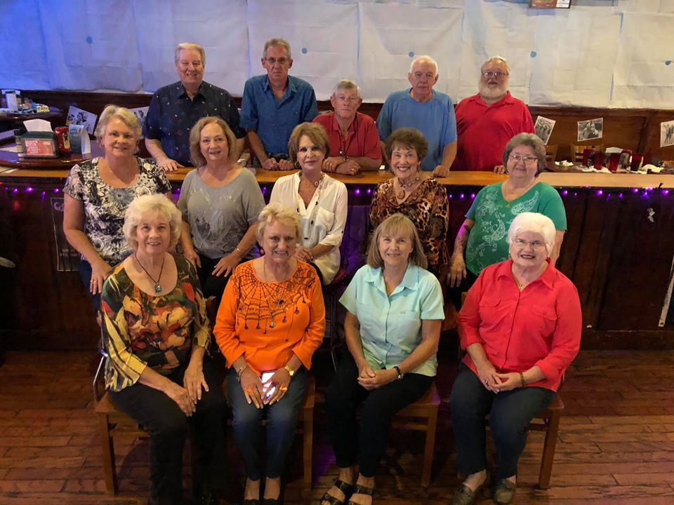 Front L/R: Donna Baker Wilkes, Joan Crosby Stinson, Peggy Walden Farkas, Karen Dossey Krell. 2nd row L/R: Ruby Perkins Wall, Yolonda Cole, Pec Chambers Mcginnes, Barbara Bone Franques, Susan Sams. Back row L/R: George Krell, Mike Youmans, Joe Read, Tom Cr
