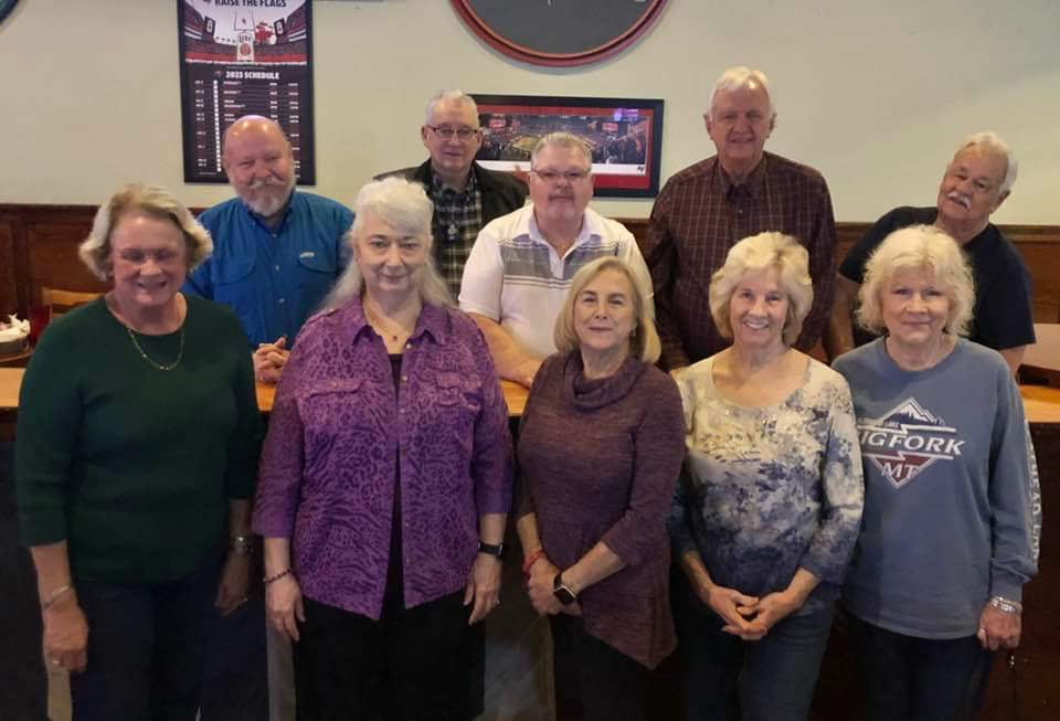 Front Row, L/R: Ruby Perkins Wall, Lynda Caraway, Peggy Walden Farkas, Donna Baker Wilkes, Maggie Mullaney. Back Row, L/R: Bill Bender, Bob Bridgmon, Donald Caraway, Jim Garrett (Donna's husband) & Ronnie Mullaney.
