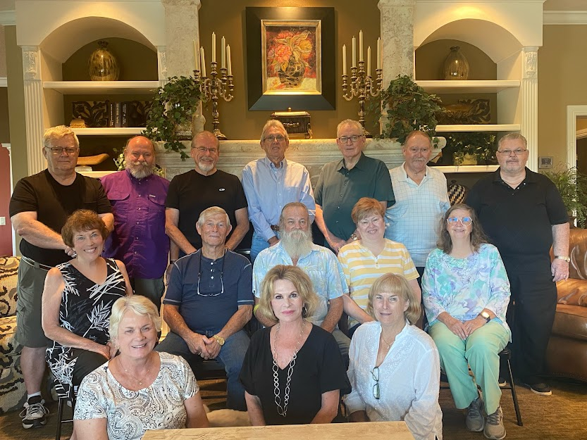 Front row L/R: Ruby Perkins Wall, Pec Chambers McGinnes, Peggy Walden Farkas
2nd row L/R: Barbara Bone Franques, Joe Read, Carl Grooms, Susan Pugh Bridgmon, Betty Kay Hall
Last row L/R: Phil Waldron, Bill Bender, Terry Gillespie, Mike Youmans, Bob Brid