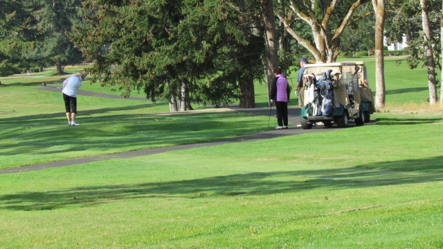 Sharon Yost Dallas teeing off on Hole #1,with Karen Benke Dallas and spouse Bill watching the drive