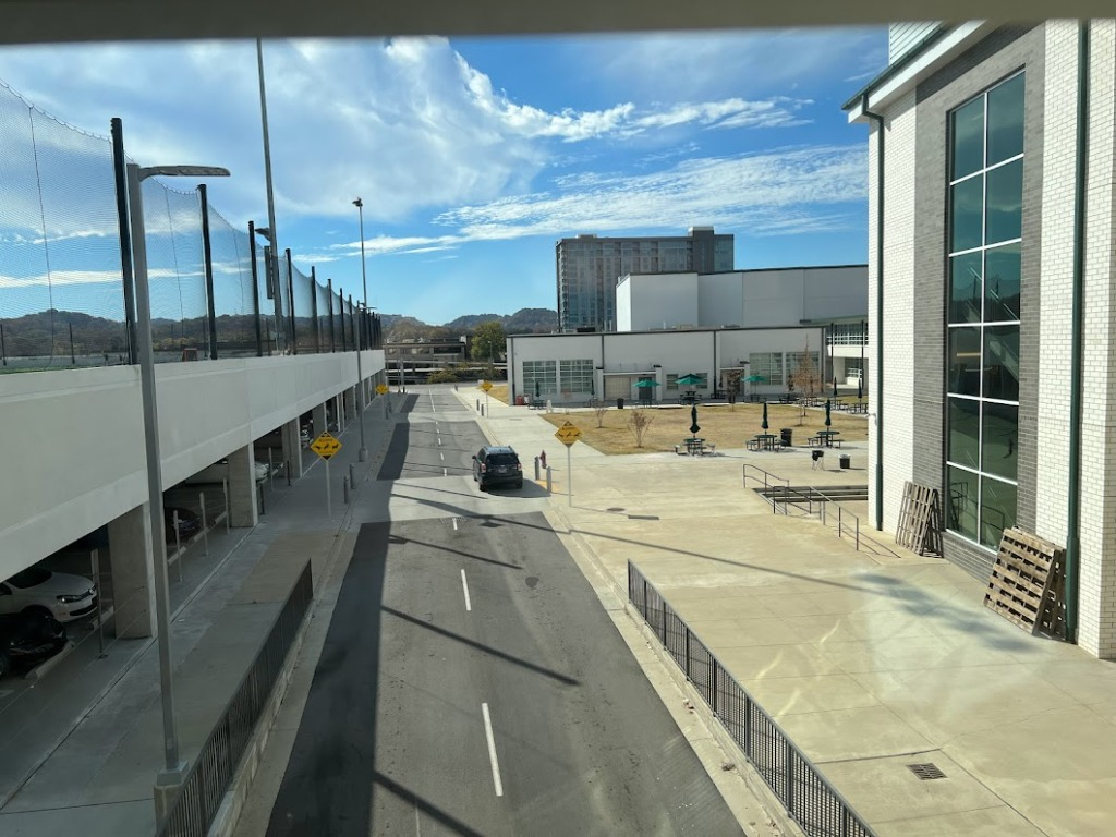 Parking Garage and outter courtyard at the East Entrance to the School.