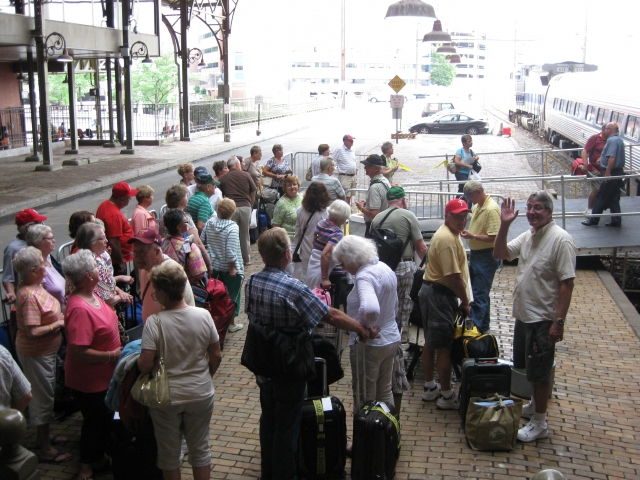 Waiting to board the train at the Harrisburg transportation center on the afternoon of July 1.