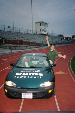 The star of the Car Parade was the Ram Mobile.  Proudly driven for many years by CDs #1 Fan, Mr. John L. Steinman, better known as Megaphone Man.  Grandson Brandon Madera, Class of 04, inherited the car when Mr. Steinman passed away a few years ago. 