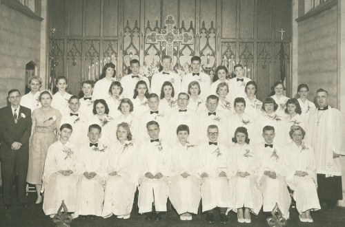 Atonement Lutheran Church
1957 Confirmation Class:
L to R: Carol Jensen, Charles Odders, Virginia Willetts, Robert Poulsen, Karen Manke, Norman Jensen, Dawn Dahnke, roger Johson, Sue Mortensen. 2nd Row: Class Parents Mr. & Mrs. Russell Hansen, William He