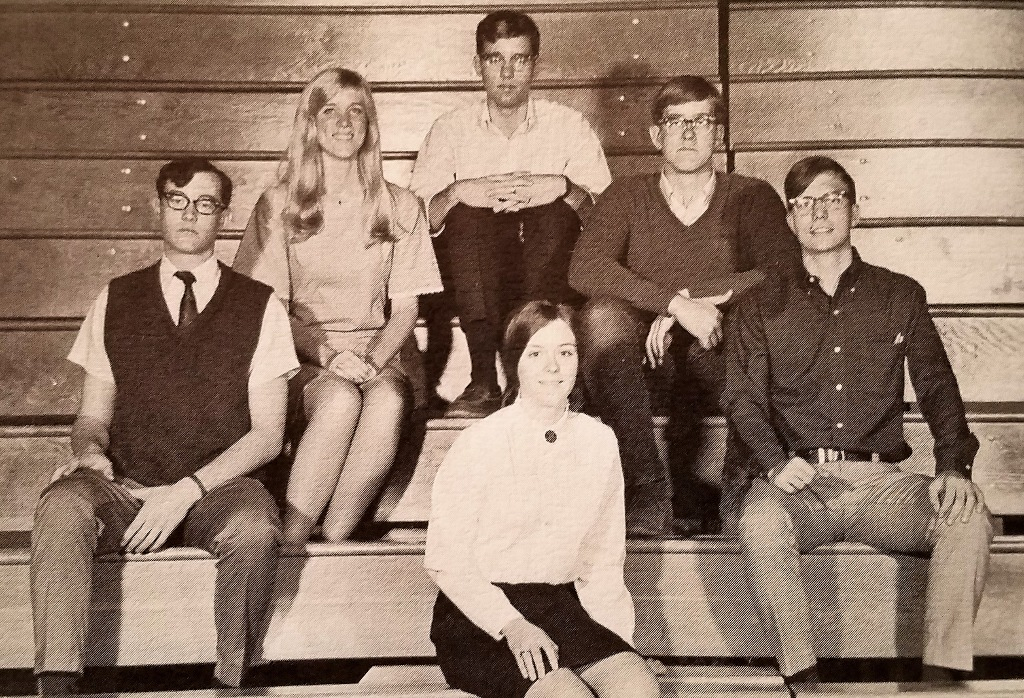 From 1968 Yearbook, Senior year. Rifle Club.
Front center: Sandy Calamity JanHein (70); L-R: Jim Wyatt Earp Sears (70), Malissa Annie Oakley Burnette; Brian Jesse James Freeburne, Dan Maverick Stubbs, Gary Billy the Kid Horton (70)