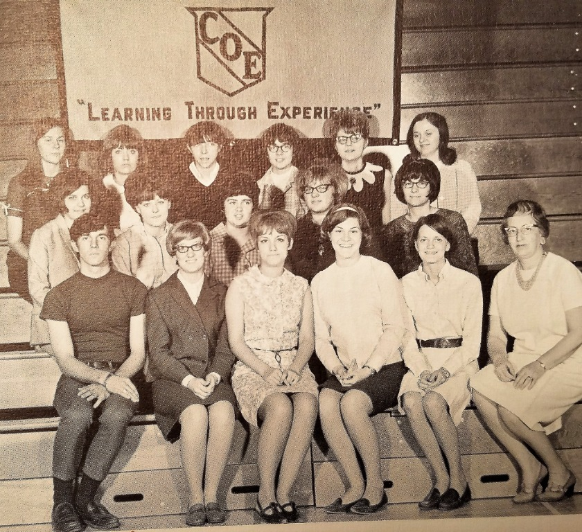 From 1968 Yearbook, Senior year. COE. First row (L-R): Ed Moore, Jane Hemmerly (Secretary), Pat Wilhelm (President), Norma Milligan (Vice President), Pam Perry, Mrs. Kille.
Second row (L-R): Brenda Bowen, Jeanne Knepper, Terry Lashaway, Roberta Allen, Rut
