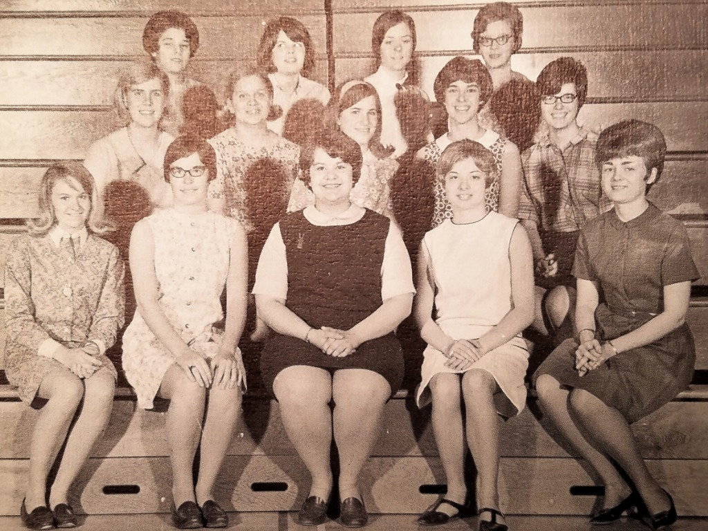 From 1968 Yearbook, Senior year. FNA.
First row (L-R): Sheryl Strickland (70), Karen Hille (69), Beth Harger (69), Nancy Hahn (69), Mrs. Raymond.
Second row (L-R): Jennifer Werner, Peggy Kale (69), Rosemary Foos (69), Chris Anders, Vicki Hall (69).
Third