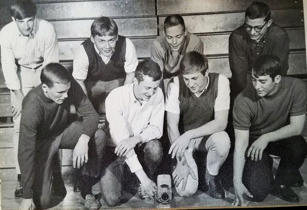 From 1968 yearbook, Senior year. Audio Visual Club.
Nothing gets by BGHS! The latest technology is always at your fingertips with expert supervision for this complicated apparatus!
Row 1, L-R: John Dunipace, Richard Small, Don Nickey (69), Ron June.
Row 2